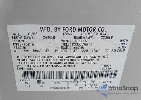 2008 Ford Escape Xlt z USA, uszkodzony, nr VIN 1FMCU93118KC90481